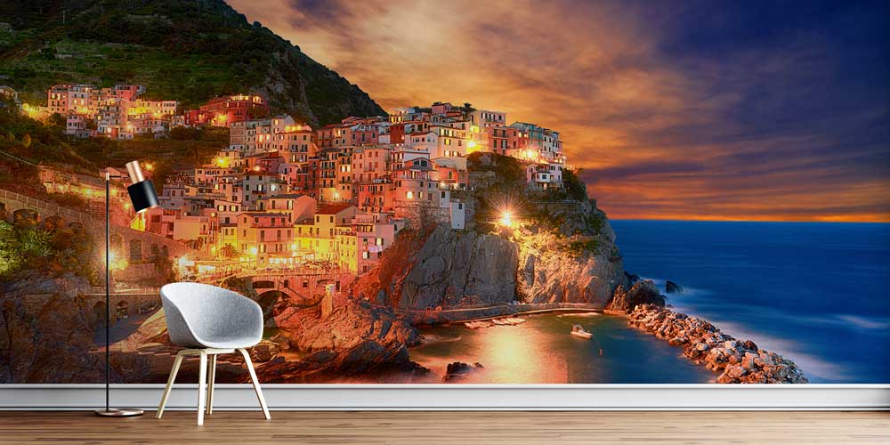 interior-wall-print-13109-00 Gün Batımında Avrupa Sahil Kasabası Manzaralı Duvar Kağıdı 13109