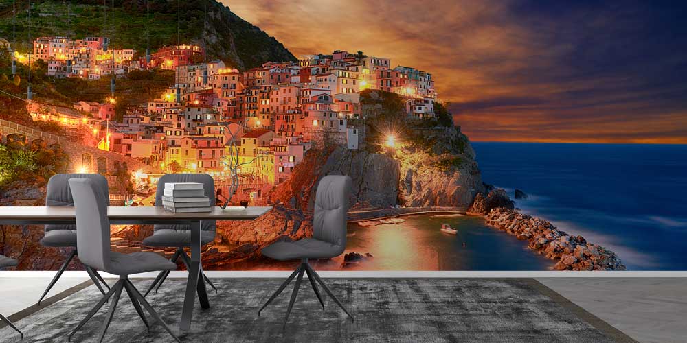 Gün Batımında Avrupa Sahil Kasabası Manzaralı Duvar Kağıdı 13109