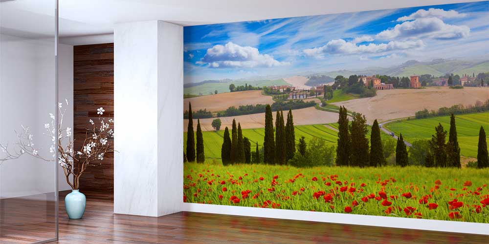 interior-wallpaper-art-12912-01 Toskana Tepeleri ve Gelincik Çiçekleri Panorama Fotoğraf Duvar Kağıdı 12912
