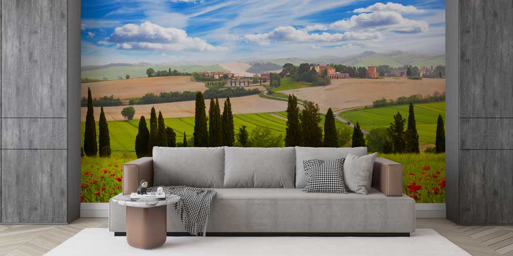 interior-wallpaper-art-12912-02 Toskana Tepeleri ve Gelincik Çiçekleri Panorama Fotoğraf Duvar Kağıdı 12912