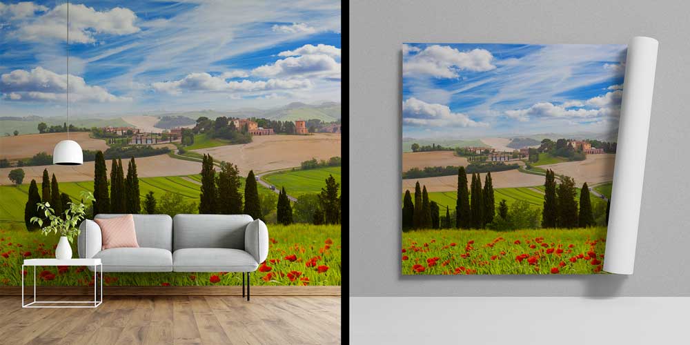 interior-wallpaper-art-12912-03 Toskana Tepeleri ve Gelincik Çiçekleri Panorama Fotoğraf Duvar Kağıdı 12912