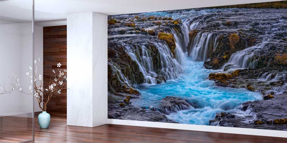 İzlanda Çok Kollu Şelale ve Turkuaz Su Panorama Fotoğraf Duvar Kağıdı 12916