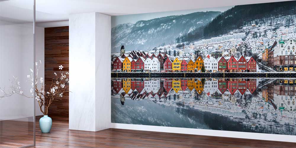 interior-wallpaper-design-12917-01 Norveç Sahil Kasabası ve Kış Manzarası Panorama Fotoğraf Duvar Kağıdı 12917