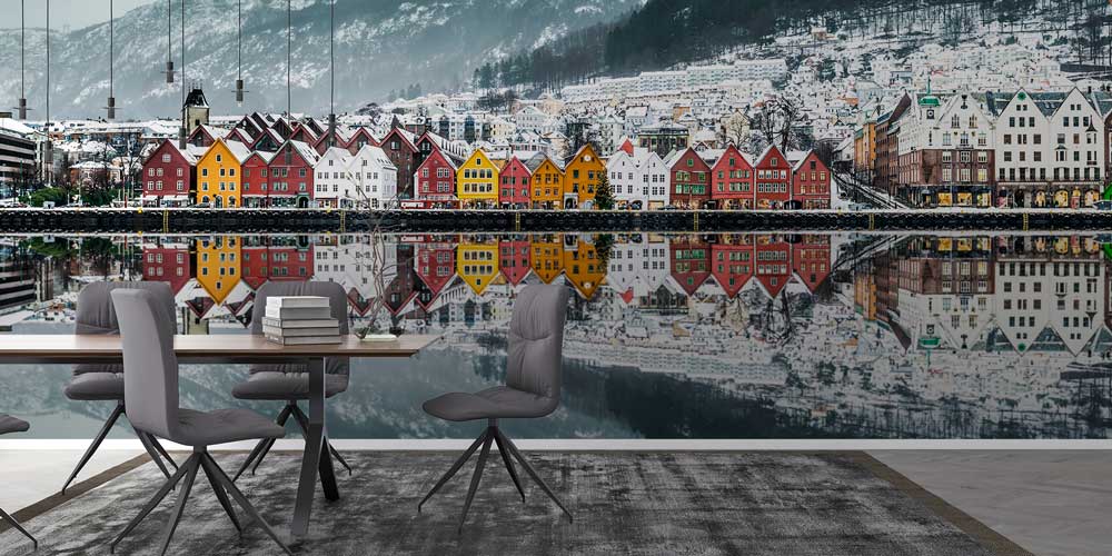 interior-wallpaper-design-12917-02 Norveç Sahil Kasabası ve Kış Manzarası Panorama Fotoğraf Duvar Kağıdı 12917