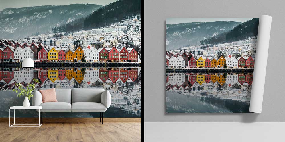 interior-wallpaper-design-12917-03 Norveç Sahil Kasabası ve Kış Manzarası Panorama Fotoğraf Duvar Kağıdı 12917