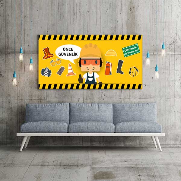 is-guvenligi-duvar-dekor-12745-01 İş Güvenliği Öncelikli Duvar Dekoru – Önce Güvenlik Ekipmanları Kanvas Tablo – 12745