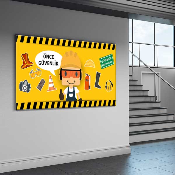 is-guvenligi-duvar-dekor-12745-03 İş Güvenliği Öncelikli Duvar Dekoru – Önce Güvenlik Ekipmanları Kanvas Tablo – 12745