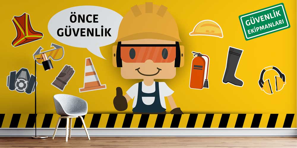 is-guvenligi-isaretleri-12719-00 Önce Güvenlik Karikatür Tasarımlı İş Güvenliği Duvar Kağıdı 12719