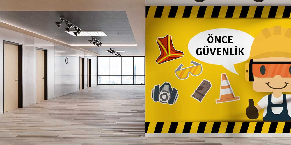 is-guvenligi-isaretleri-12719-02 Önce Güvenlik Karikatür Tasarımlı İş Güvenliği Duvar Kağıdı 12719