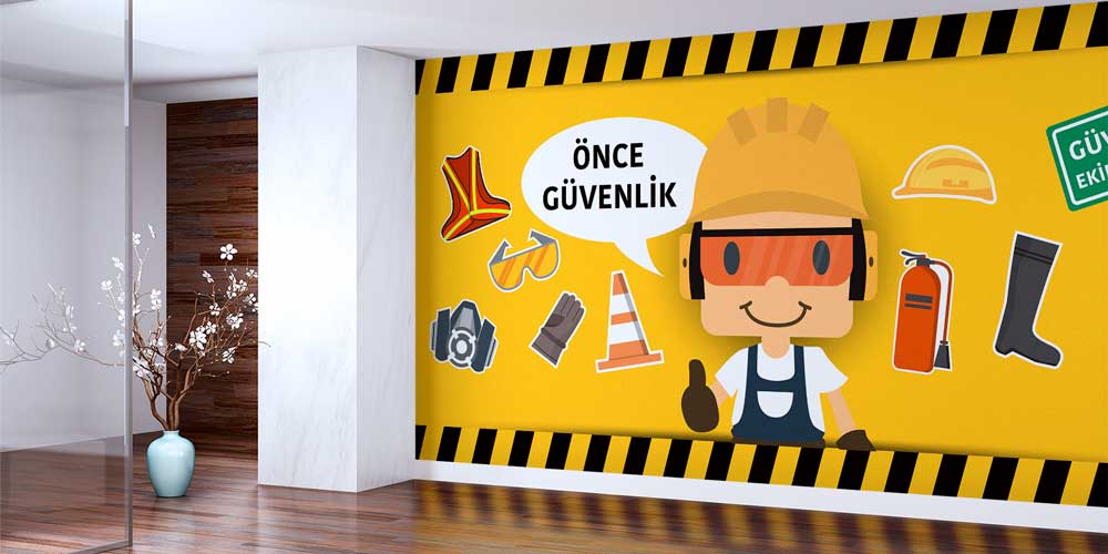 is-guvenligi-isaretleri-12719-03 Önce Güvenlik Karikatür Tasarımlı İş Güvenliği Duvar Kağıdı 12719