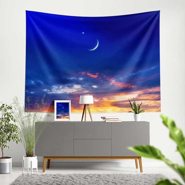 Hilalli Gökyüzü Manzaralı İslami Duvar Örtüsü Kumaş Baskı 10602