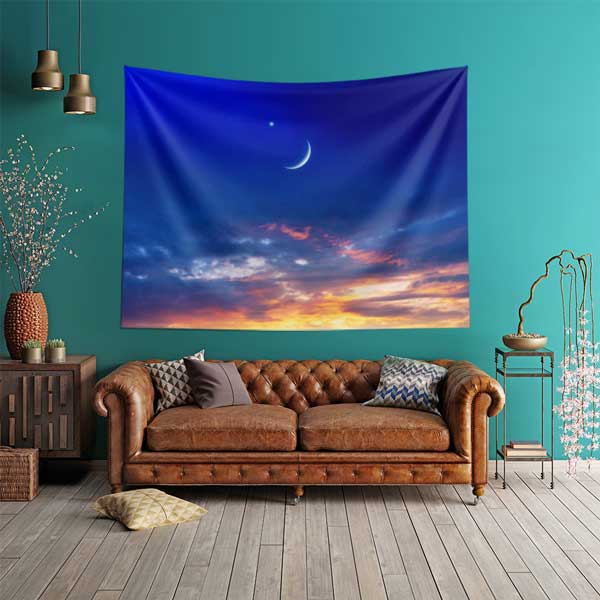 islam-dekorasyon-ortu-10602-01 Hilalli Gökyüzü Manzaralı İslami Duvar Örtüsü Kumaş Baskı 10602