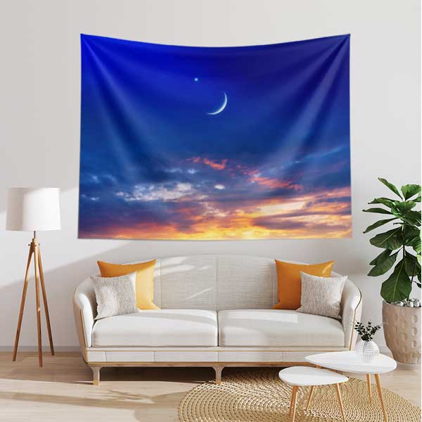 islam-dekorasyon-ortu-10602-04 Hilalli Gökyüzü Manzaralı İslami Duvar Örtüsü Kumaş Baskı 10602