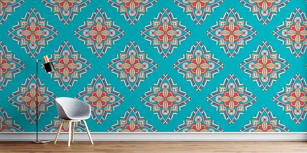 Turkuaz Fon Üzeri İslami Desenli Duvar Kağıdı 6130