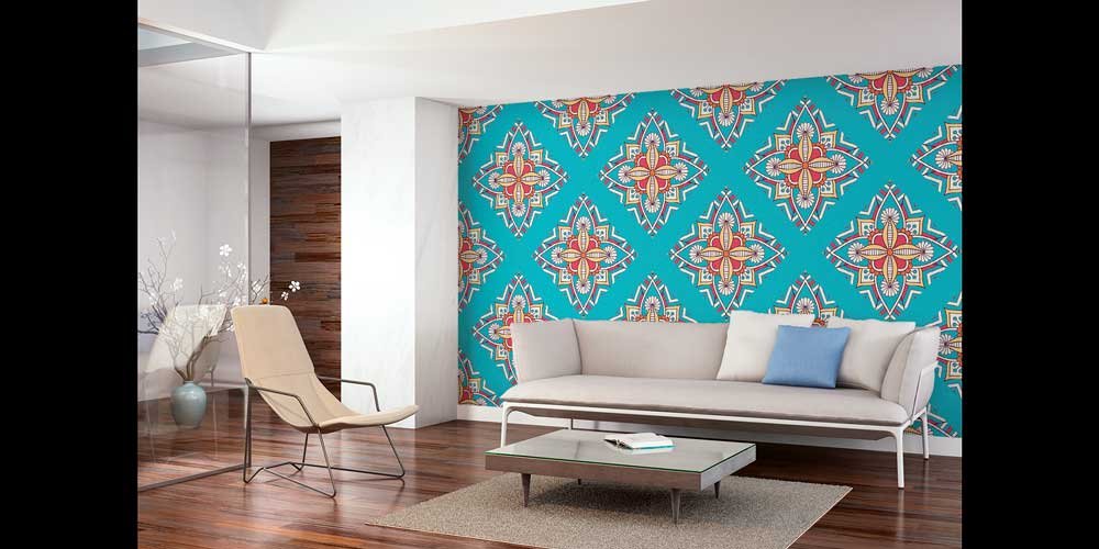 Turkuaz Fon Üzeri İslami Desenli Duvar Kağıdı 6130