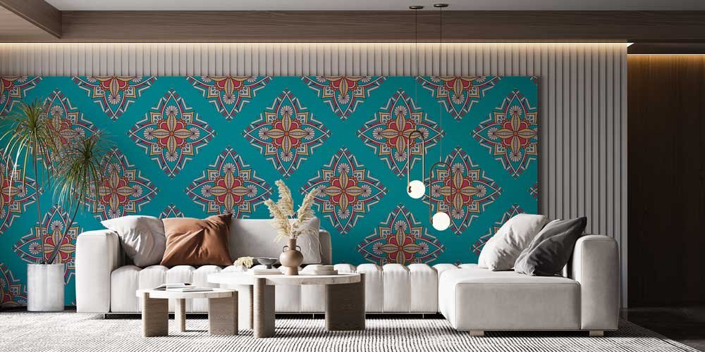 Turkuaz Fon Üzeri İslami Desenli Duvar Kağıdı 6130