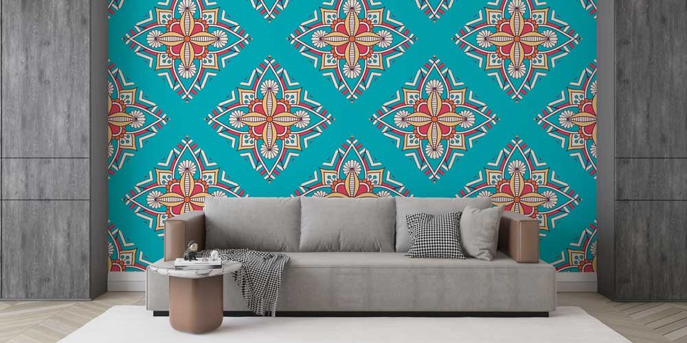 Turkuaz Fon Üzeri İslami Desenli Duvar Kağıdı 6130
