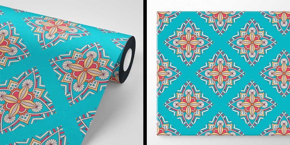 Turkuaz Fon Üzeri İslami Desenli Duvar Kağıdı 6130