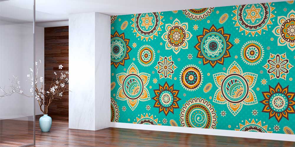 islam-dini-duvar-kagidi-10401-01 Turkuaz Zeminli İslami Desenli Duvar Kağıdı 10401