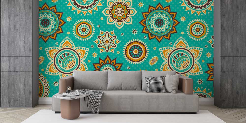 islam-dini-duvar-kagidi-10401-02 Turkuaz Zeminli İslami Desenli Duvar Kağıdı 10401