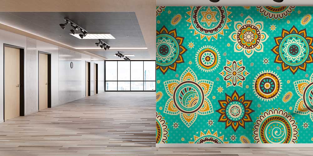 islam-dini-duvar-kagidi-10401-03 Turkuaz Zeminli İslami Desenli Duvar Kağıdı 10401