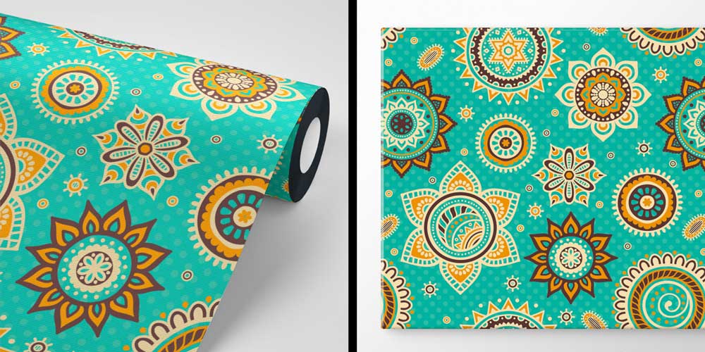 islam-dini-duvar-kagidi-10401-05 Turkuaz Zeminli İslami Desenli Duvar Kağıdı 10401