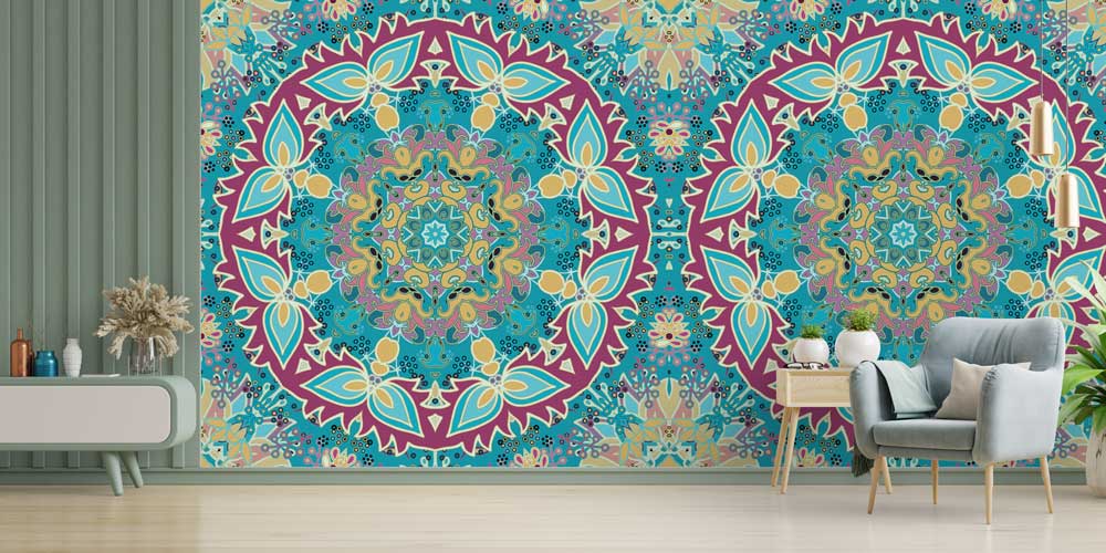 Çok Renkli Büyük Mandala ve İslami Motifli Duvar Kağıdı 6142