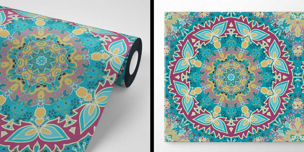 Çok Renkli Büyük Mandala ve İslami Motifli Duvar Kağıdı 6142