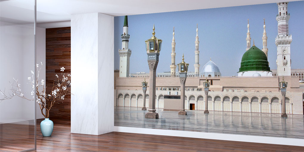 islam-duvar-dekor-6166-01 Medine Yeşil Kubbe ve Avlu Görünümlü İslami Duvar Kağıdı 6166