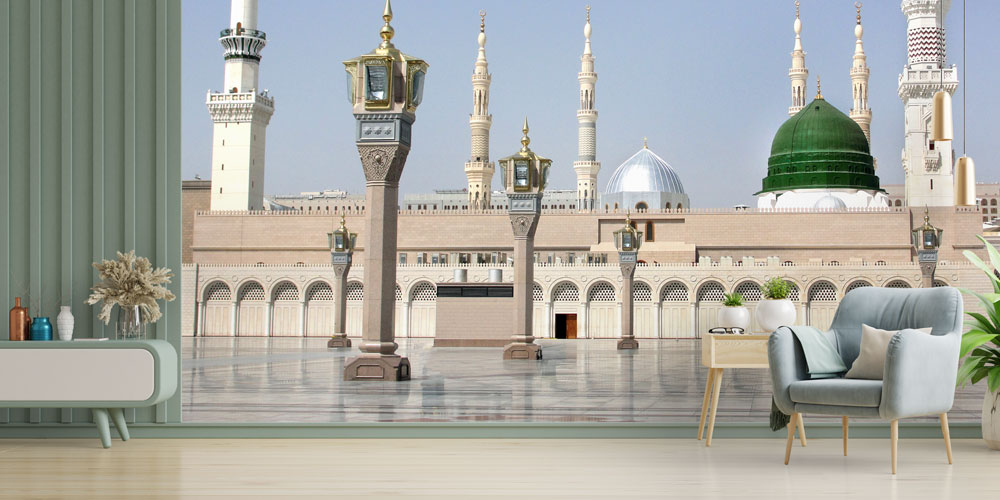 islam-duvar-dekor-6166-02 Medine Yeşil Kubbe ve Avlu Görünümlü İslami Duvar Kağıdı 6166