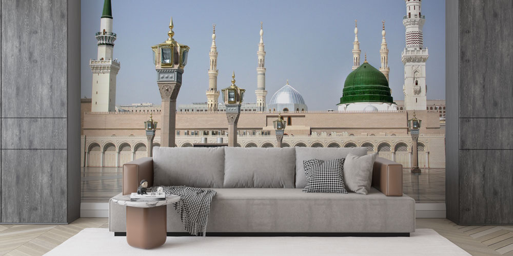 islam-duvar-dekor-6166-03 Medine Yeşil Kubbe ve Avlu Görünümlü İslami Duvar Kağıdı 6166