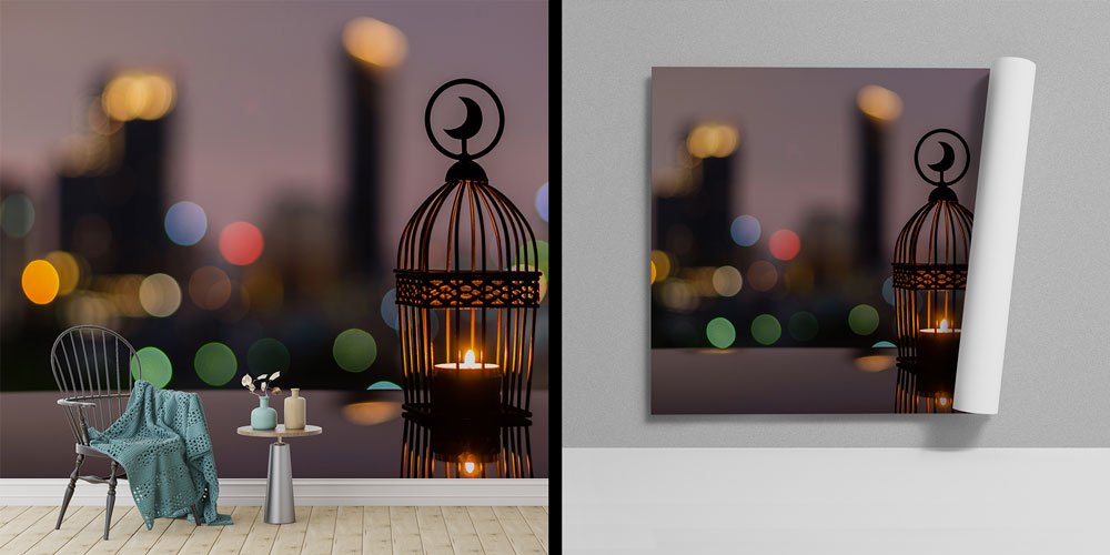 islam-duvar-dekor-sanat-6169-00 Kandil ve Hilal Motifli Dekoratif Duvar Kağıdı 6169