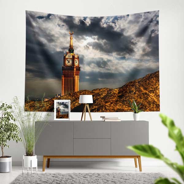 islam-duvar-dekorasyon-10611-00 Kabe Mekke Saat Kulesi Manzaralı Duvar Örtüsü Kumaş Baskı 10611