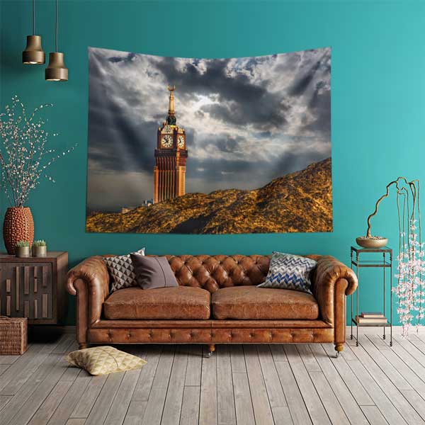 Kabe Mekke Saat Kulesi Manzaralı Duvar Örtüsü Kumaş Baskı 10611