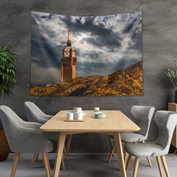 Kabe Mekke Saat Kulesi Manzaralı Duvar Örtüsü Kumaş Baskı 10611