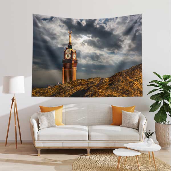 Kabe Mekke Saat Kulesi Manzaralı Duvar Örtüsü Kumaş Baskı 10611