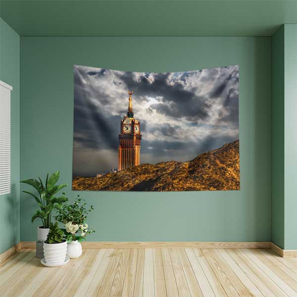 Kabe Mekke Saat Kulesi Manzaralı Duvar Örtüsü Kumaş Baskı 10611