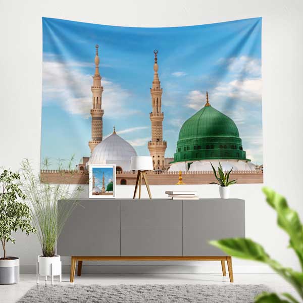 islam-duvar-dekorasyon-10629-00 Medine Yeşil Kubbe ve Minareler Duvar Örtüsü Kumaş Baskı 10629