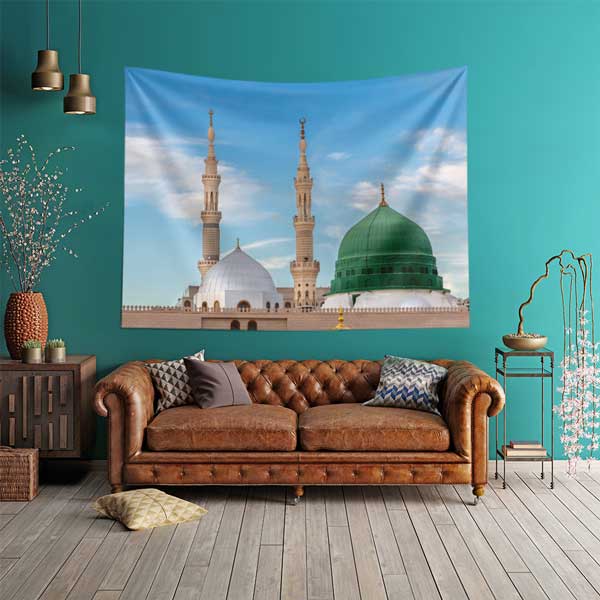 Medine Yeşil Kubbe ve Minareler Duvar Örtüsü Kumaş Baskı 10629