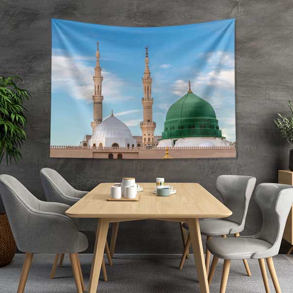 Medine Yeşil Kubbe ve Minareler Duvar Örtüsü Kumaş Baskı 10629