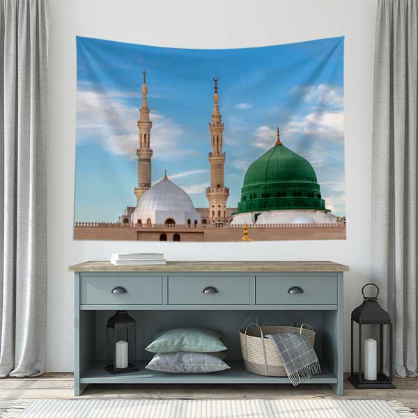 Medine Yeşil Kubbe ve Minareler Duvar Örtüsü Kumaş Baskı 10629