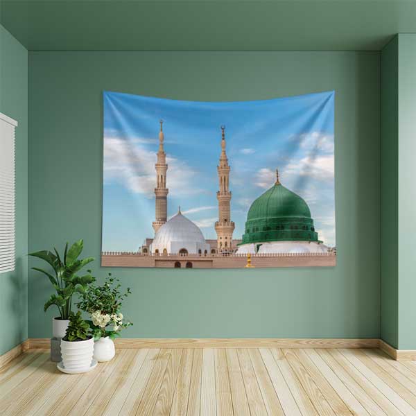 Medine Yeşil Kubbe ve Minareler Duvar Örtüsü Kumaş Baskı 10629