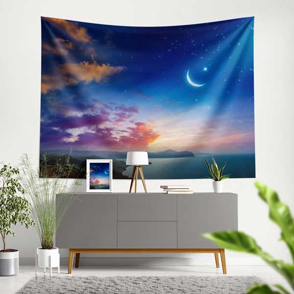 Hilal ve Günbatımı Manzaralı İslami Dekoratif Duvar Örtüsü Kumaş Baskı 10610