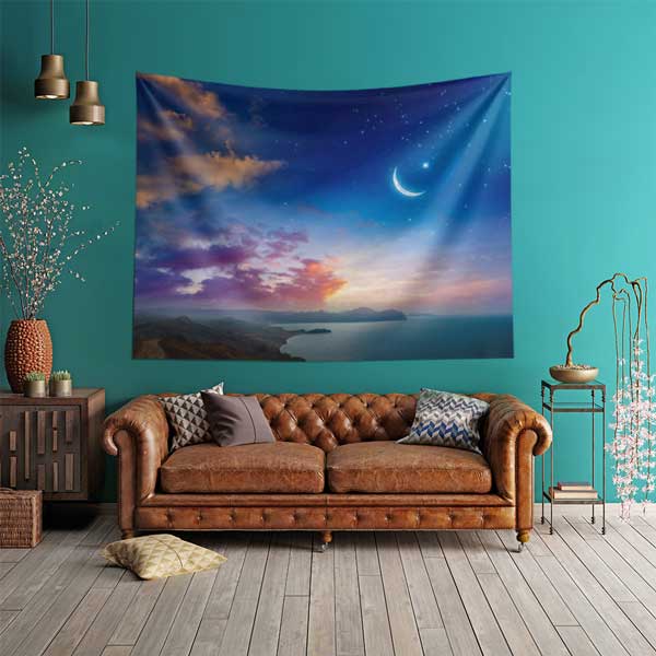 Hilal ve Günbatımı Manzaralı İslami Dekoratif Duvar Örtüsü Kumaş Baskı 10610