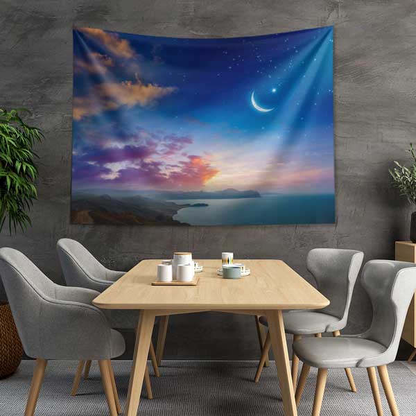 Hilal ve Günbatımı Manzaralı İslami Dekoratif Duvar Örtüsü Kumaş Baskı 10610