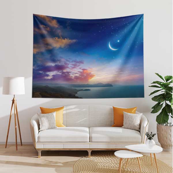 Hilal ve Günbatımı Manzaralı İslami Dekoratif Duvar Örtüsü Kumaş Baskı 10610