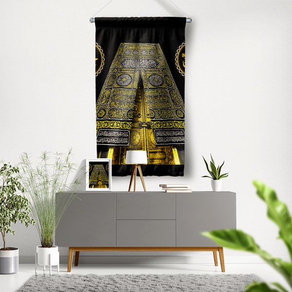 Kabe Kapısı ve Kisve Detaylı İslami Duvar Flaması Kumaş Baskı 10747