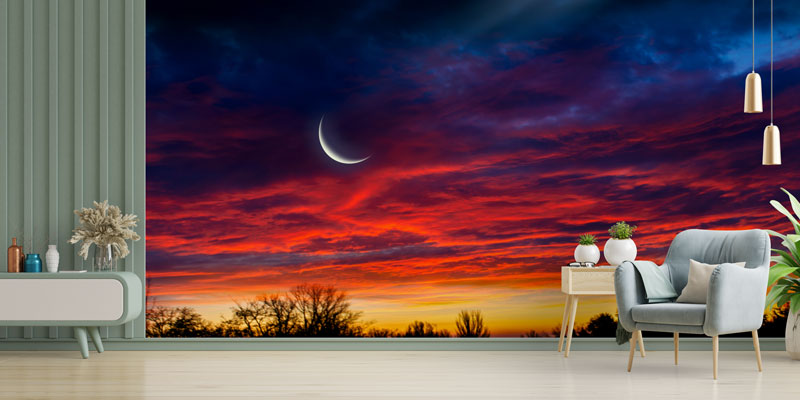 Hilal ve Gün Batımı Manzaralı Dekoratif Duvar Kağıdı 10504