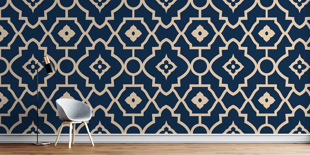 Koyu Lacivert ve Bej İslami Desenli Duvar Kağıdı 6143