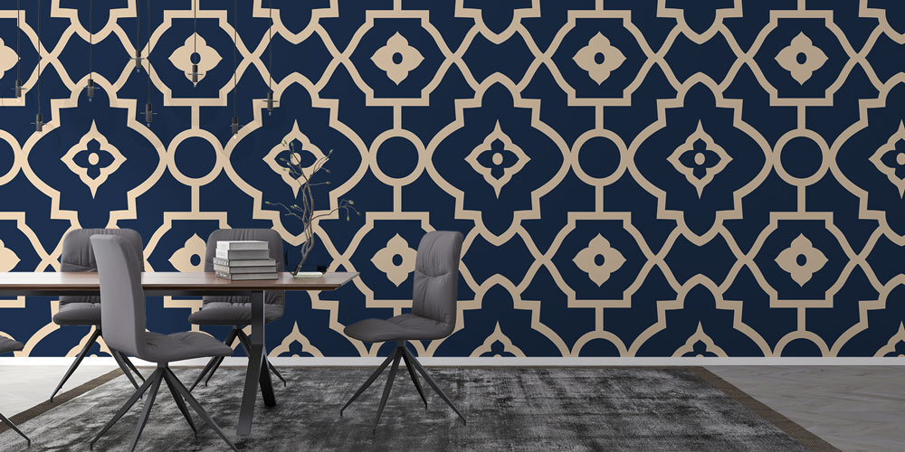 Koyu Lacivert ve Bej İslami Desenli Duvar Kağıdı 6143
